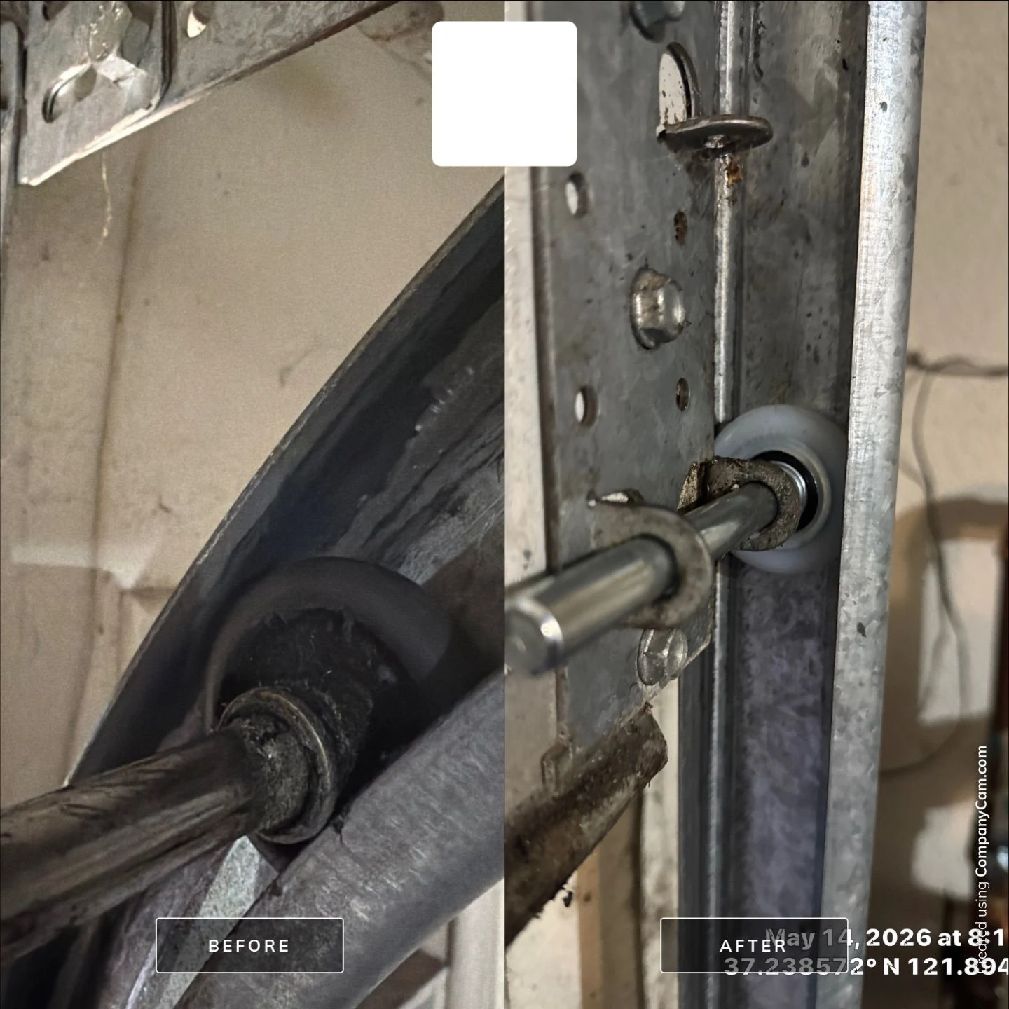 CompanyCam-made before-and-after comparison of a San Jose garage door roller replacement.