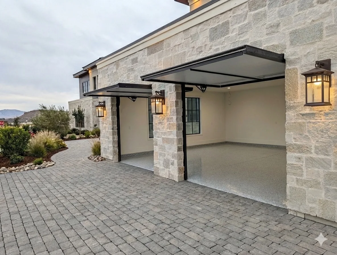 Official Moenave trackless pivot-hinge garage door system opening